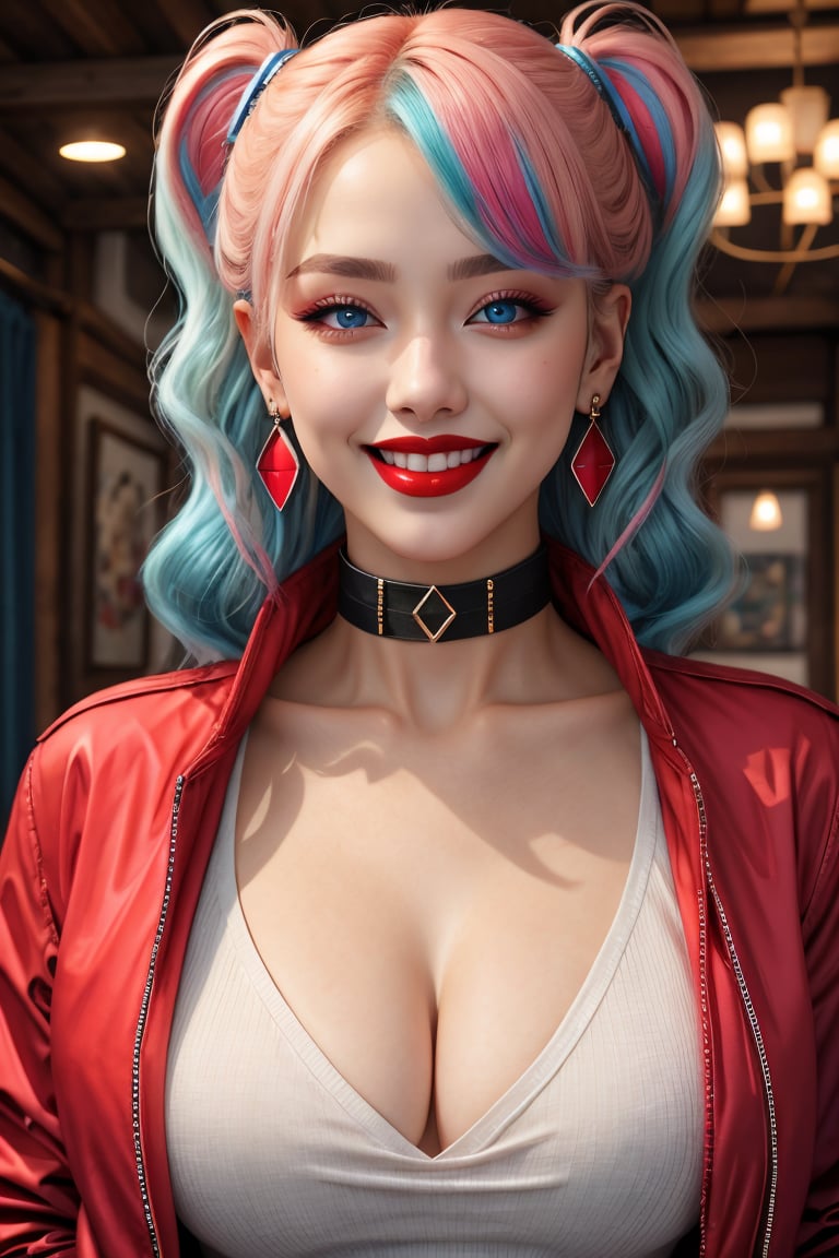 (best quality, 4k, 8k, highres, masterpiece:1.2), ultra-detailed, (realistic, photorealistic, photo-realistic:1.37), 1girl,solo,breasts,looking at viewer,smile,blue eyes,blonde hair,shirt,cleavage,twintails,jewelry,medium breasts,blue hair,collarbone,jacket,white shirt,upper body,multicolored hair,earrings,open clothes,teeth,choker,grin,open jacket,lips,blood,gradient hair,makeup,lipstick,multicolored clothes,red jacket,red lips,multicolored jacket