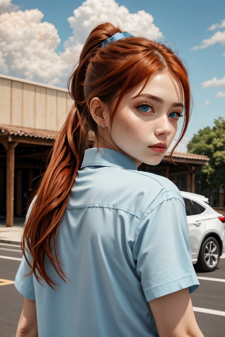 (best quality, 4k, 8k, highres, masterpiece:1.2), ultra-detailed, (realistic, photorealistic, photo-realistic:1.37), 1girl,solo,long hair,looking at viewer,blue eyes,shirt,closed mouth,upper body,ponytail,short sleeves,outdoors,sky,day,looking back,cloud,orange hair,blue sky,lips,high ponytail,blue shirt,ground vehicle,building,motor vehicle,freckles,car,road