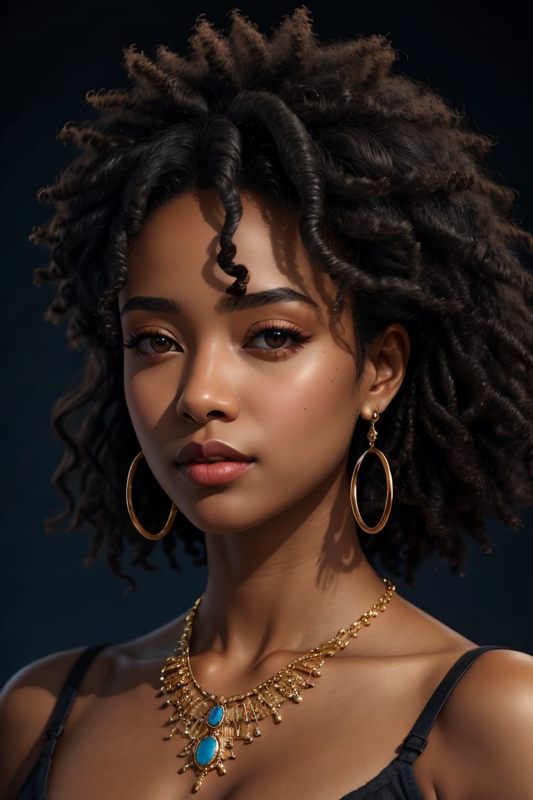 (best quality, 4k, 8k, highres, masterpiece:1.2), ultra-detailed, (realistic, photorealistic, photo-realistic:1.37), 1girl,solo,looking at viewer,black hair,brown eyes,jewelry,upper body,earrings,dark skin,necklace,dark-skinned female,lips,blue background,portrait,curly hair,hoop earrings,very dark skin,afro