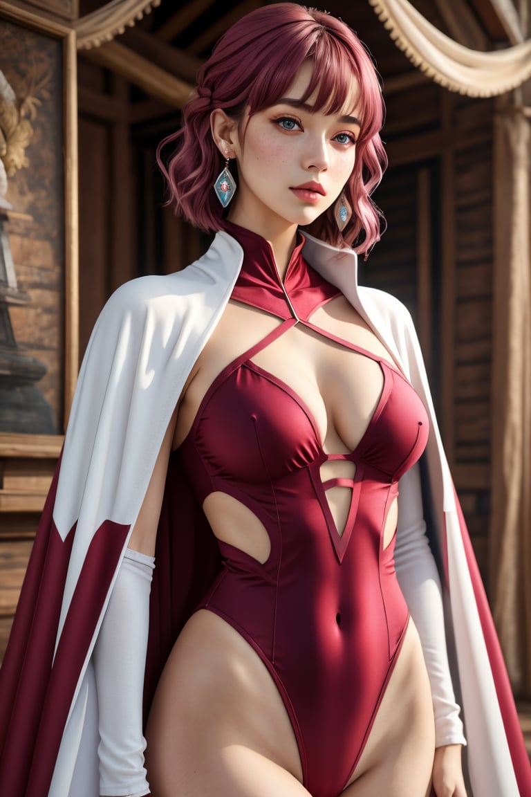 (best quality, 4k, 8k, highres, masterpiece:1.2), ultra-detailed, (realistic, photorealistic, photo-realistic:1.37), 1girl,solo,breasts,looking at viewer,short hair,bangs,hair ornament,cleavage,brown eyes,jewelry,medium breasts,upper body,pink hair,earrings,detached sleeves,cape,leotard,lips,clothing cutout,covered navel,swept bangs,cleavage cutout,gem,freckles,realistic,nose,white leotard,white cape