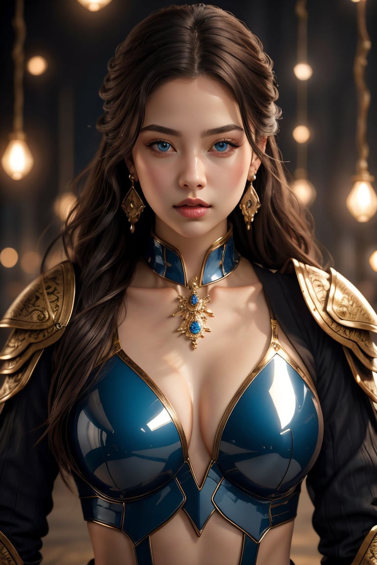 (best quality, 4k, 8k, highres, masterpiece:1.2), ultra-detailed, (realistic, photorealistic, photo-realistic:1.37), 1girl,solo,long hair,breasts,looking at viewer,blue eyes,brown hair,black hair,brown eyes,jewelry,medium breasts,collarbone,upper body,weapon,earrings,armor,blurry,lips,blurry background,realistic