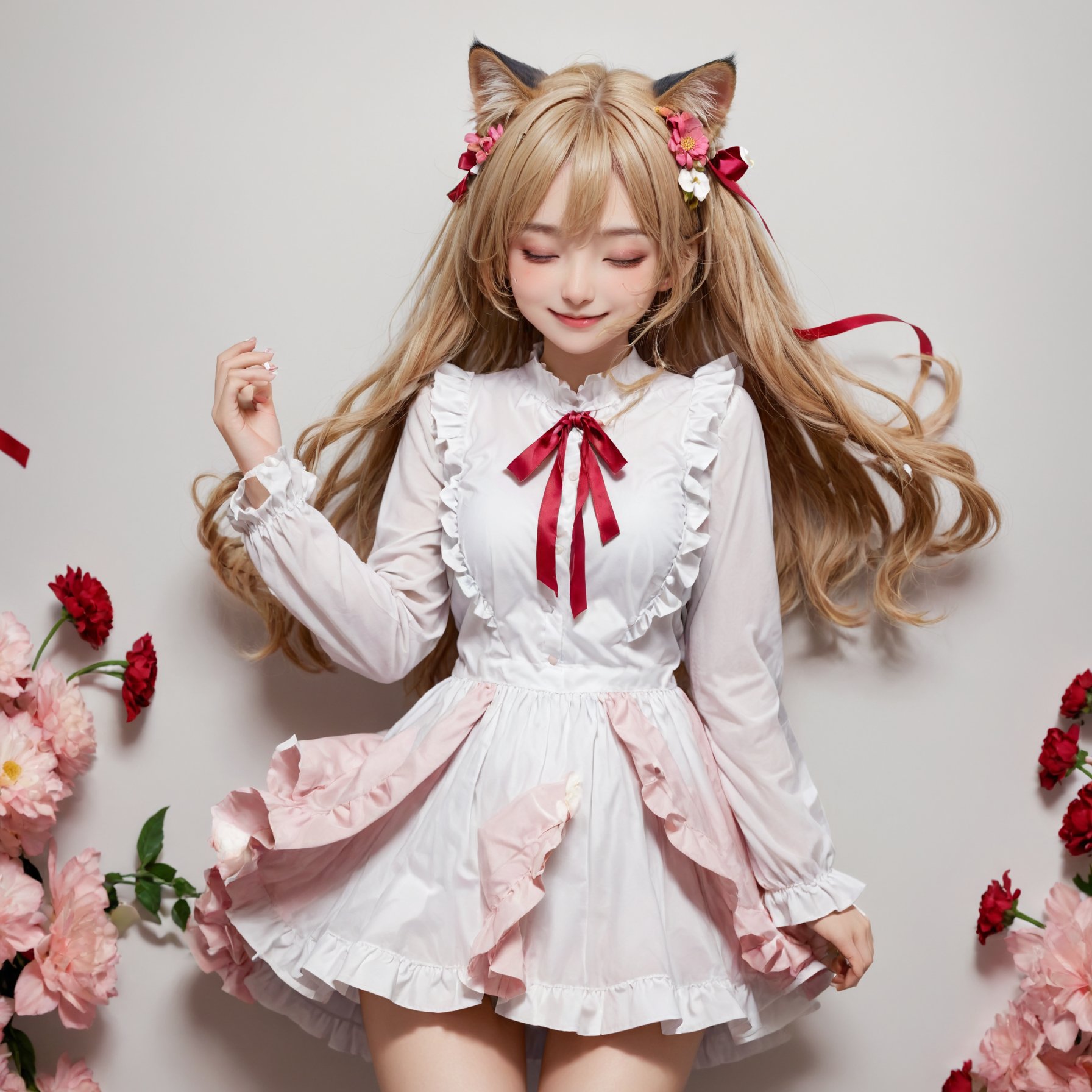 girl, 1girl, animal ear fluff, animal ears, blonde hair, blush, cat ears, cat girl, cat tail, closed eyes, closed mouth, dress, eyes visible through hair, floating hair, flower, frilled dress, frills, full body, hair flower, hair ornament, hand up, holding, holding flower, long hair, long sleeves, looking at viewer, neck ribbon, pink flower, pink ribbon, red ribbon, ribbon, simple background, sidelocks, smile, solo, tail, very long hair, white background, white dress, white flower