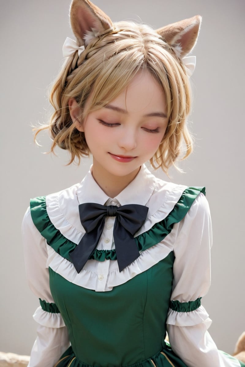 (extreme close-up:1.1) ,backgrounds, lady,portrait ,Bastet , 1girl, animal ears, blonde hair, bow, bowtie, braid, capelet, closed eyes, dress, extra ears, frilled dress, frills, green dress, jewelry, long sleeves, necklace, open mouth, rabbit ears, shirt, short hair, simple background, smile, twin braids, white background, white bow, white collar, white shirt