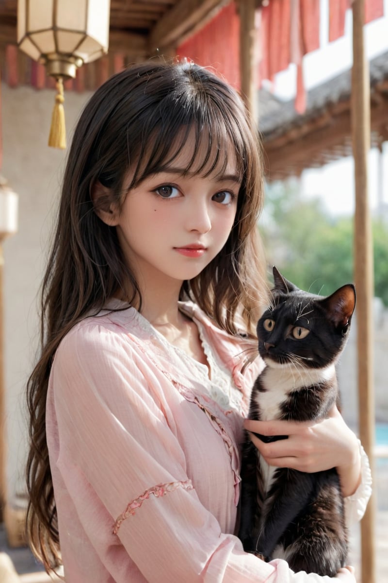 (extreme close-up:1.1) ,backgrounds, lady,portrait ,Bastet , 1girl, animal, bird, black eyes, blunt bangs, blurry, blurry background, blush, cat, closed mouth, day, depth of field, from side, grey hair, hands up, indoors, lantern, long sleeves, looking at viewer, medium hair, outdoors, profile, solo