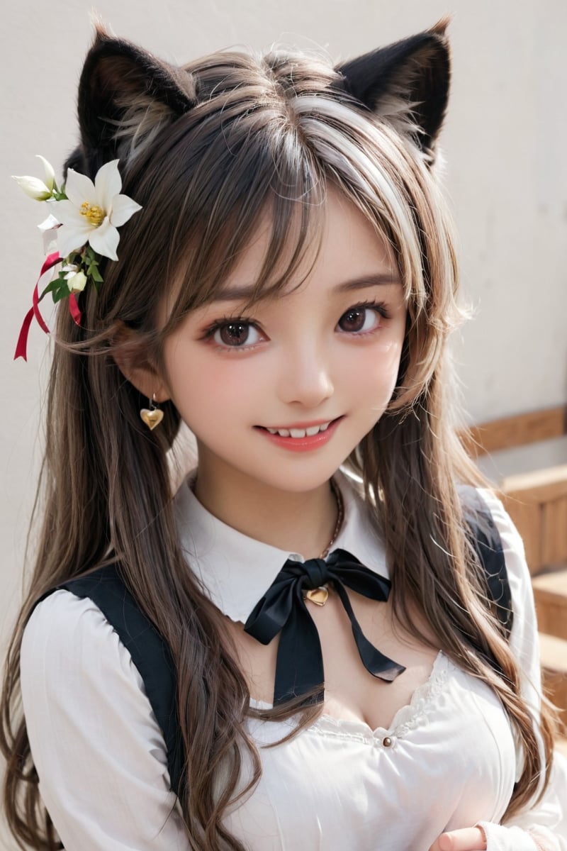 (extreme close-up:1.1) ,backgrounds, lady,portrait ,black beauty, 2girls, :d, ahoge, animal ear fluff, animal ears, bell, blush, bright pupils, brown hair, cat ears, cat girl, cat tail, choker, collarbone, fang, flower, grey hair, hair flower, hair ornament, hair ribbon, happy, heart, jingle bell, long hair, long sleeves, looking at viewer, multiple girls, neck bell, open mouth, red eyes, ribbon, simple background, smile, tail, tongue, white background, white flower, white hair, white pupils