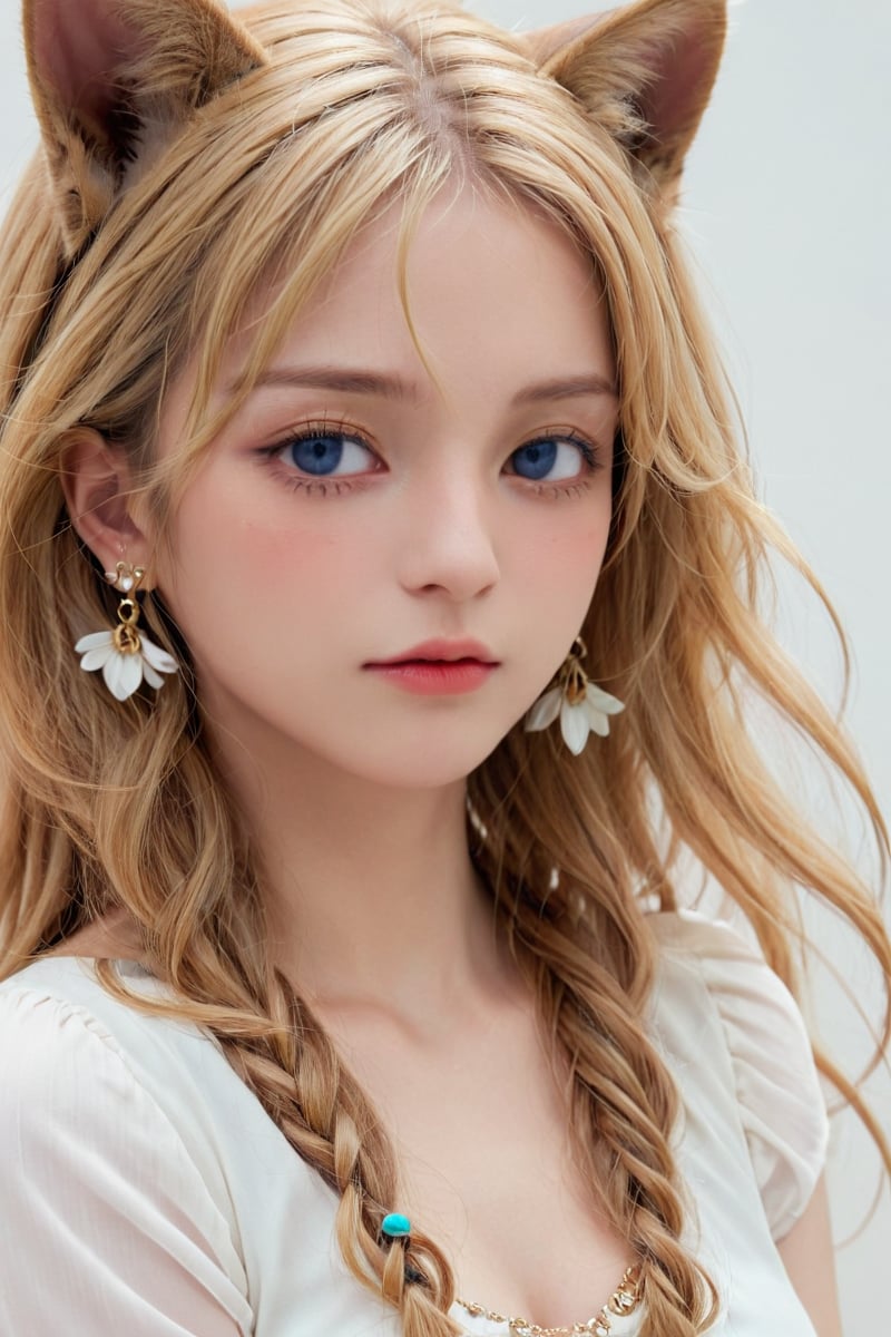 (extreme close-up:1.1) ,backgrounds, lady,portrait ,Bastet , 1girl, animal ears, blonde hair, blue eyes, closed mouth, dress, earrings, eyelashes, hair between eyes, jewelry, long hair, looking at viewer, multicolored hair, one eye closed, petals, red hair, simple background, solo, streaked hair, white background, white dress