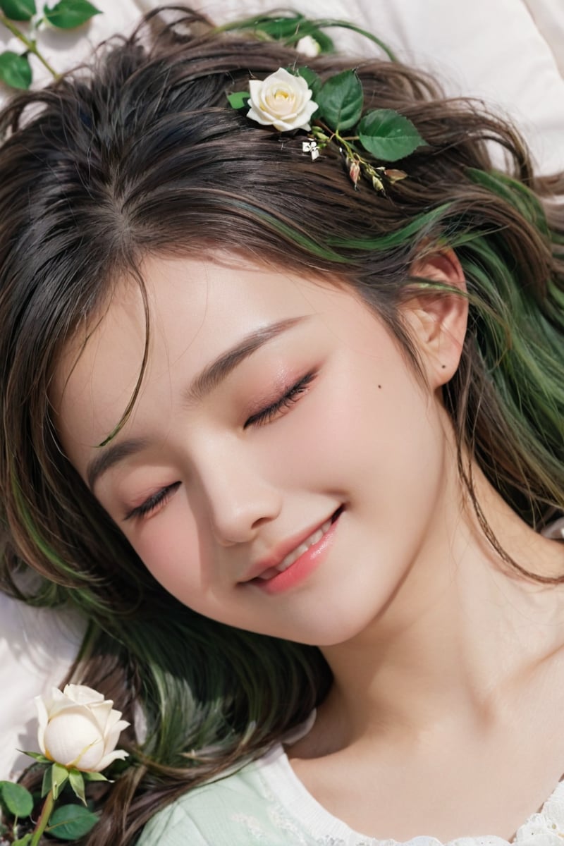 (extreme close-up:1.1) ,backgrounds, girl,face, 1girl, :3, :d, blush, closed eyes, facing viewer, fang, flower, green hair, long hair, long sleeves, lying, navel, on back, parted bangs, parted lips, profile, rose, smile, solo, very long hair, white flower, white rose