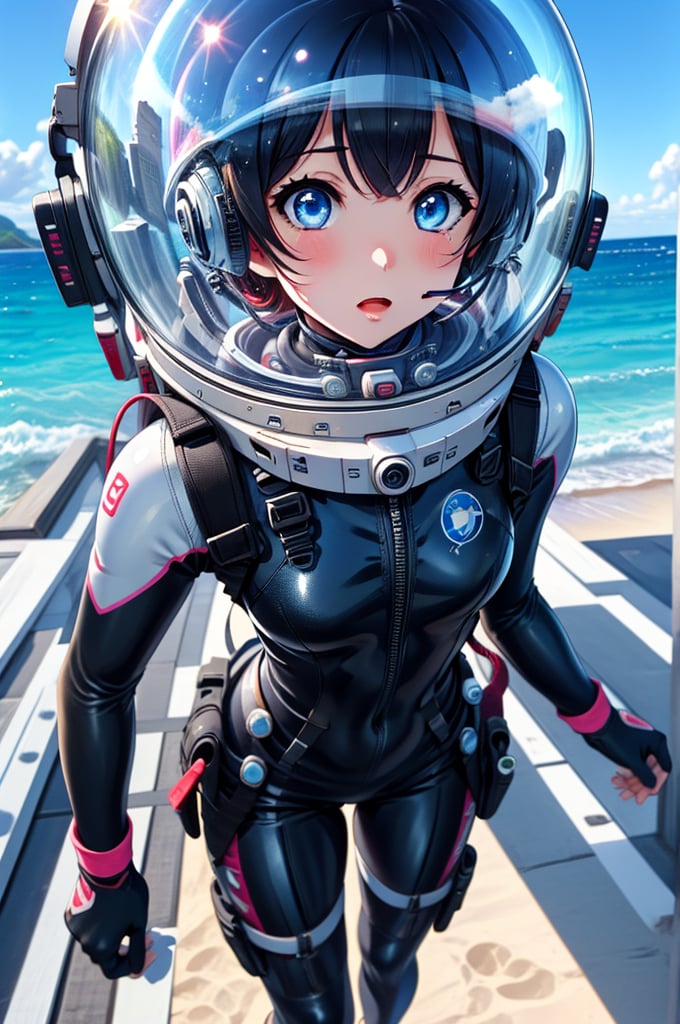 Extreme detail,masterpiece,anime illustration ,love_live style,1girl, beach, clear sky, blue sea, black_hair, short hair, bangs, large_eyes, pink_eyes,  (space helmet):4,(clear_helmet):3, neck seal,shiny wetsuit, black_bodysuit, red_accents, gloves, thigh_straps, looking_at_viewer, surprised_expression, bodysuit, sea_background, sunny, headphone,blonde hair,short hair,blue eyes,blush,bing_wetsuit,astrovest