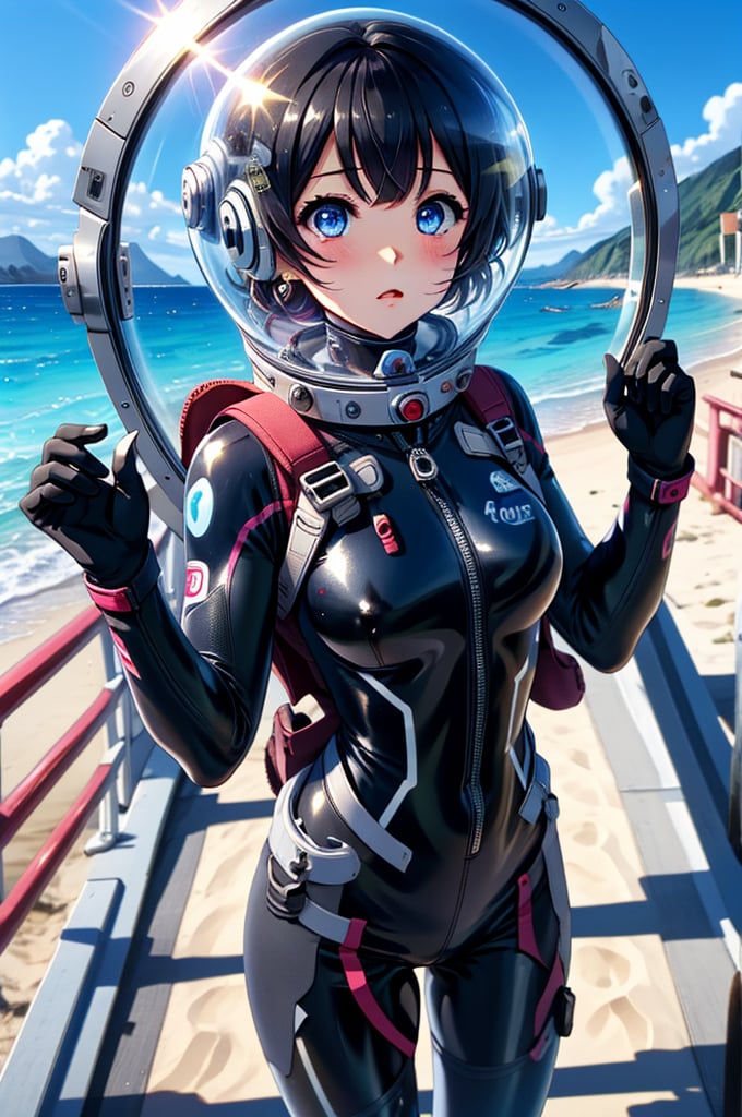 Extreme detail,masterpiece,anime illustration ,love_live style,1girl, beach, clear sky, blue sea, black_hair, short hair, bangs, large_eyes, pink_eyes,  (space helmet):4,(clear_helmet):3, neck seal,shiny wetsuit, black_bodysuit, red_accents, gloves, thigh_straps, looking_at_viewer, surprised_expression, bodysuit, sea_background, sunny, headphone,blonde hair,short hair,blue eyes,blush,bing_wetsuit,astrovest