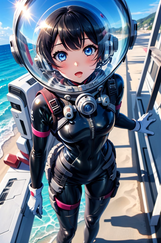 Extreme detail,masterpiece,anime illustration ,love_live style,1girl, beach, clear sky, blue sea, black_hair, short hair, bangs, large_eyes, pink_eyes,  (space helmet):4,(clear_helmet):3, neck seal,shiny wetsuit, black_bodysuit, red_accents, gloves, thigh_straps, looking_at_viewer, surprised_expression, bodysuit, sea_background, sunny, headphone,blonde hair,short hair,blue eyes,blush,bing_wetsuit,astrovest