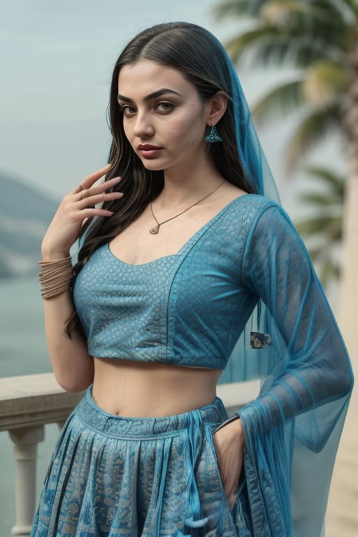 Liked this Checkpoint Contact Stable_yogi on Discord<lora:Lehnga_01_By_Stable_Yogi:1> clothing, turquoiselehenga, earings, jewellery, bangles, bracelet, necklace, makeup, lipstick, full body shot, scenic view 