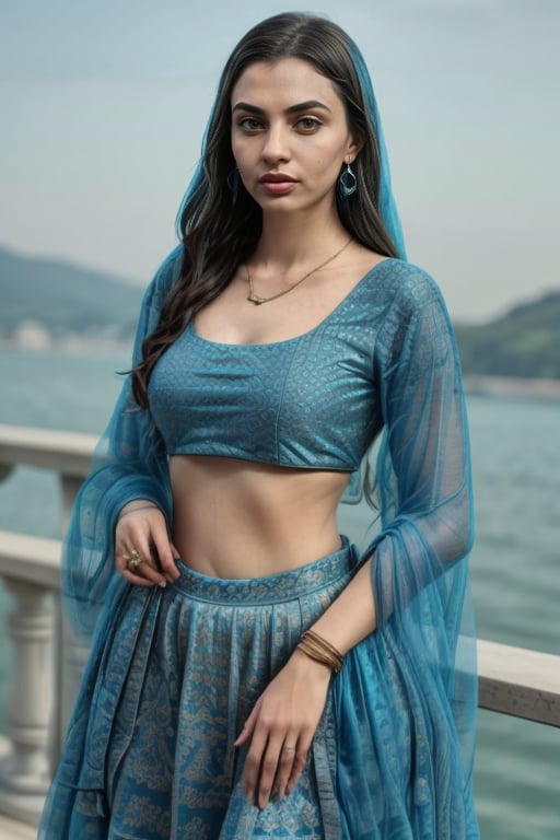 Liked this Checkpoint Contact Stable_yogi on Discord<lora:Lehnga_01_By_Stable_Yogi:1> clothing, turquoiselehenga, earings, jewellery, bangles, bracelet, necklace, makeup, lipstick, full body shot, scenic view 