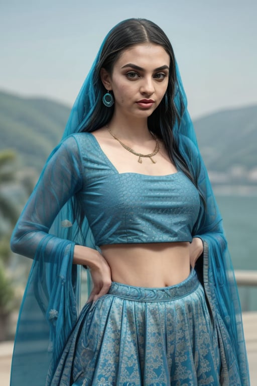 Liked this Checkpoint Contact Stable_yogi on Discord<lora:Lehnga_01_By_Stable_Yogi:1> clothing, turquoiselehenga, earings, jewellery, bangles, bracelet, necklace, makeup, lipstick, full body shot, scenic view 