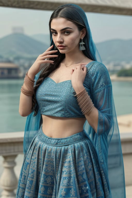 Liked this Checkpoint Contact Stable_yogi on Discord<lora:Lehnga_01_By_Stable_Yogi:1> clothing, turquoiselehenga, earings, jewellery, bangles, bracelet, necklace, makeup, lipstick, full body shot, scenic view 