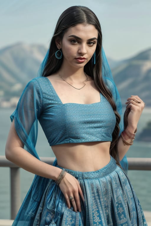 Liked this Checkpoint Contact Stable_yogi on Discord<lora:Lehnga_01_By_Stable_Yogi:1> clothing, turquoiselehenga, earings, jewellery, bangles, bracelet, necklace, makeup, lipstick, full body shot, scenic view 