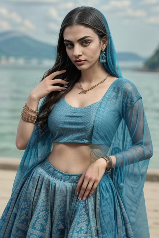 Liked this Checkpoint Contact Stable_yogi on Discord<lora:Lehnga_01_By_Stable_Yogi:1> clothing, turquoiselehenga, earings, jewellery, bangles, bracelet, necklace, makeup, lipstick, full body shot, scenic view 