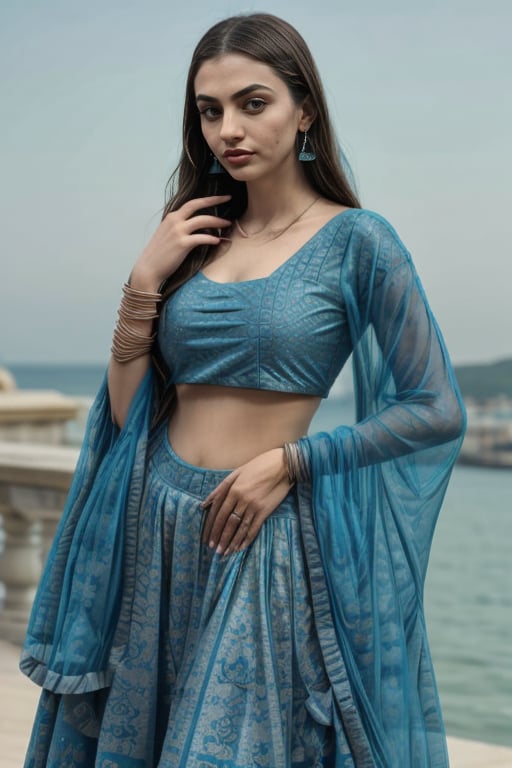 Liked this Checkpoint Contact Stable_yogi on Discord<lora:Lehnga_01_By_Stable_Yogi:1> clothing, turquoiselehenga, earings, jewellery, bangles, bracelet, necklace, makeup, lipstick, full body shot, scenic view 