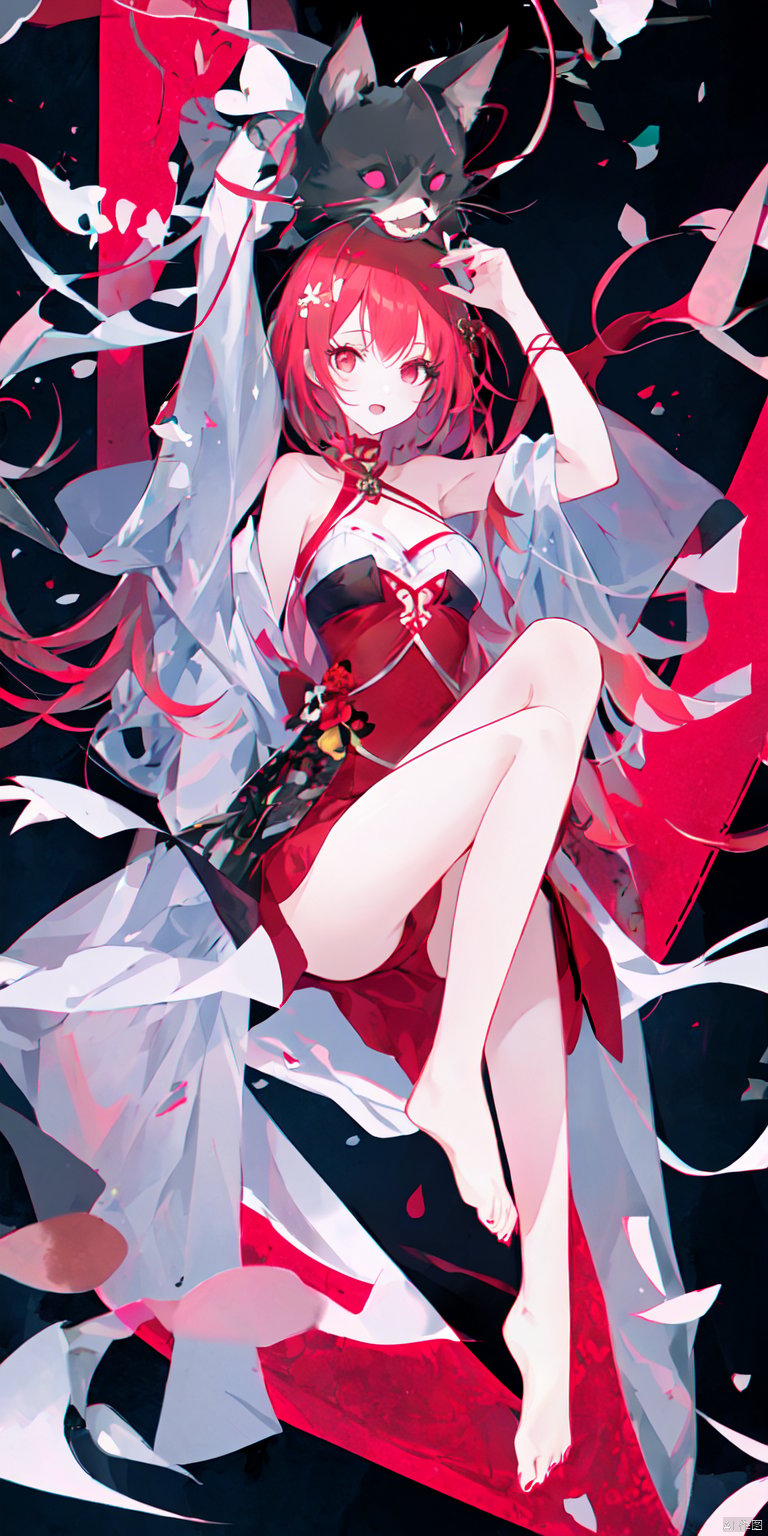  1girl, solo, long hair, breasts, looking at viewer, bangs, black hair, red eyes, dress, ribbon, cleavage, bare shoulders, twintails, medium breasts, very long hair, hair ribbon, thighs, red hair, multicolored hair, barefoot, sleeveless, choker, indoors, blunt bangs, nail polish, blurry, red ribbon, sash, bare arms, bell, tattoo, gradient hair, makeup, thigh strap, mask, sleeveless dress, facial mark, chinese clothes, obi, red dress, jingle bell, red nails, pelvic curtain, o-ring, mask on head, fox mask