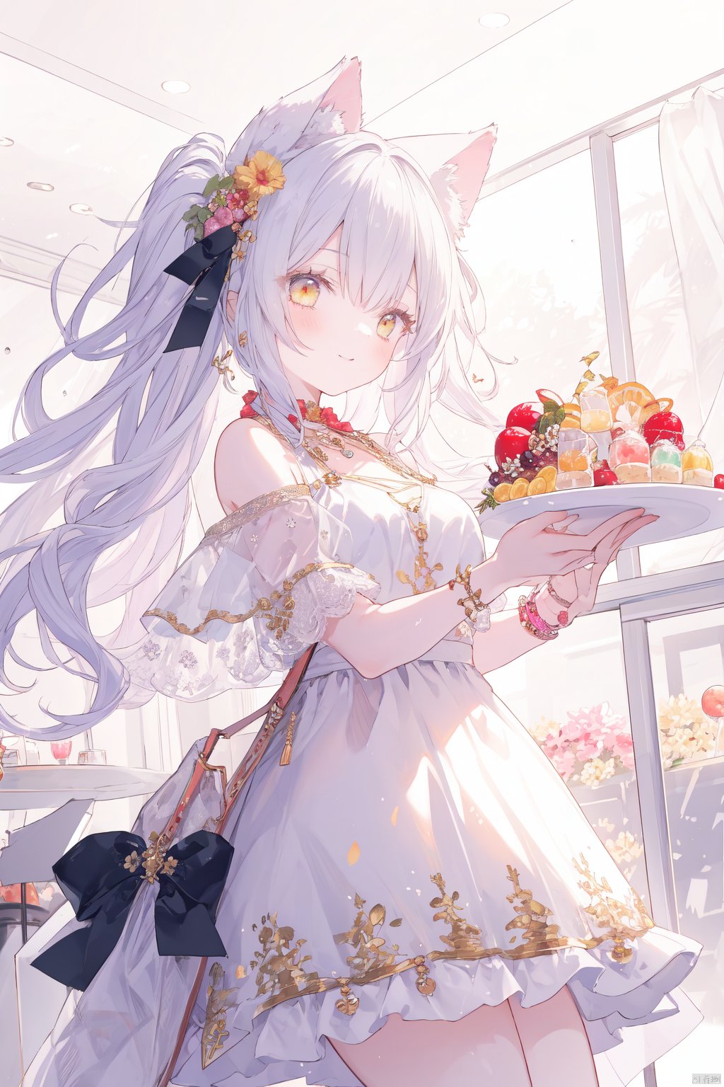  1girl, animal, apple, arabian_clothes, armlet, berry, black_cat, black_hair, blueberry, breasts, cake, camellia, cat, cherry, company_name, copyright_name, cream, cupcake, dessert, dog, flower, food, fruit, gem, grapes, hair_ornament, holding_fruit, icing, jewelry, leaf, long_hair, melon, orange_\(fruit\), parfait, pastry, peach, red_apple, red_flower, red_rose, solo, strawberry, strawberry_hair_ornament, strawberry_shortcake, tomato, tongue, tongue_out, very_long_hair, watermelon, whipped_cream, white_background, yellow_eyes