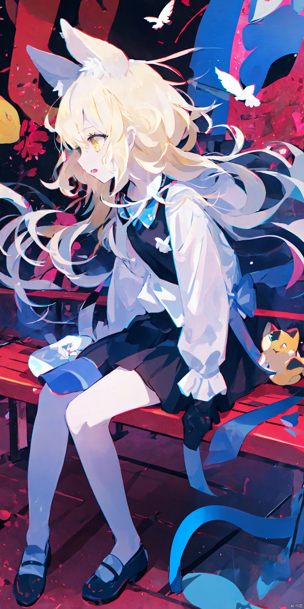  1girl, solo, long hair, bangs, blonde hair, hair ornament, long sleeves, dress, bow, holding, animal ears, bare shoulders, sitting, yellow eyes, flower, frills, detached sleeves, sleeveless, hair flower, bowtie, white dress, sleeves past wrists, fox ears, profile, sleeveless dress, bird, halo, blue bow, light brown hair, white flower, yellow bow, sleeves past fingers, bench, white bird