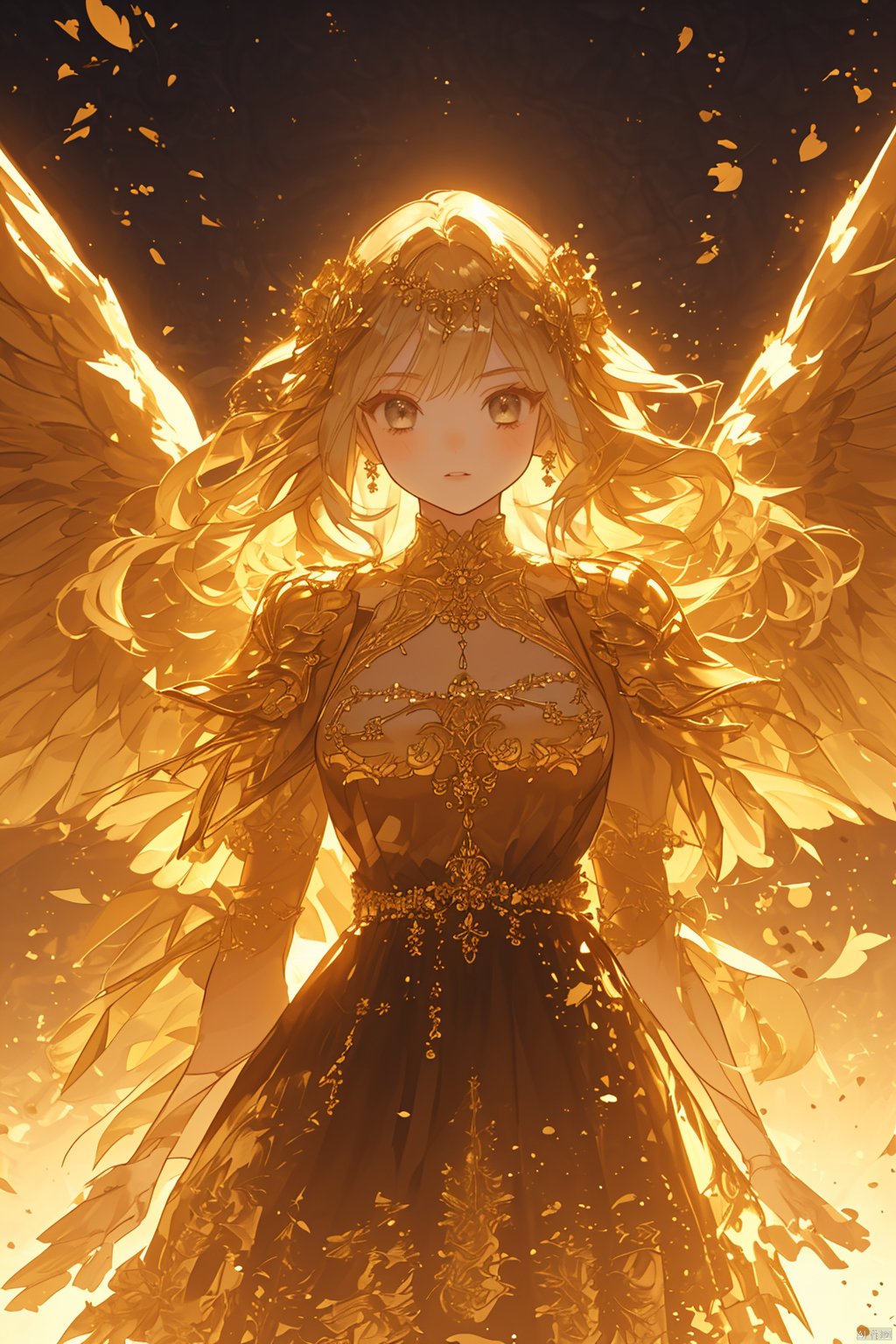  (\shen ming shao nv\), 1girl, solo, wings, long hair, helmet and armour, long sleeves, feathered wings, from the front, looking at viewer, light yellow hair, jewelry, bracelet, silver armor, floating hair, bangs, brown eyes, closed mouth, light particles, fire red, backlighting, (\MBTI\)