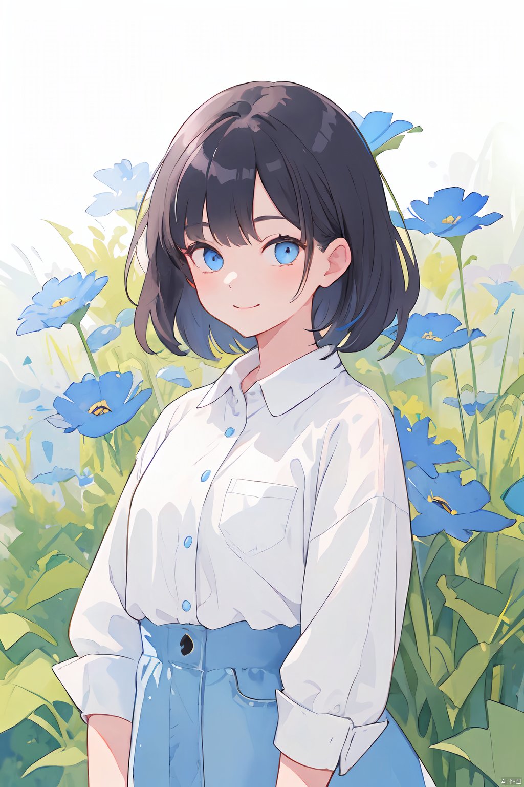  (watercolor:1.2),watercolor, 1girl, solo, flower, white background, holding, blue eyes, simple background, holding flower, blue flower, short hair, shirt, one eye covered, upper body, bob cut, long sleeves, looking at viewer, collared shirt, bangs, black hair, wide sleeves, blush, white shirt, smile, closed mouth, blue theme, short sleeves,, watercolor