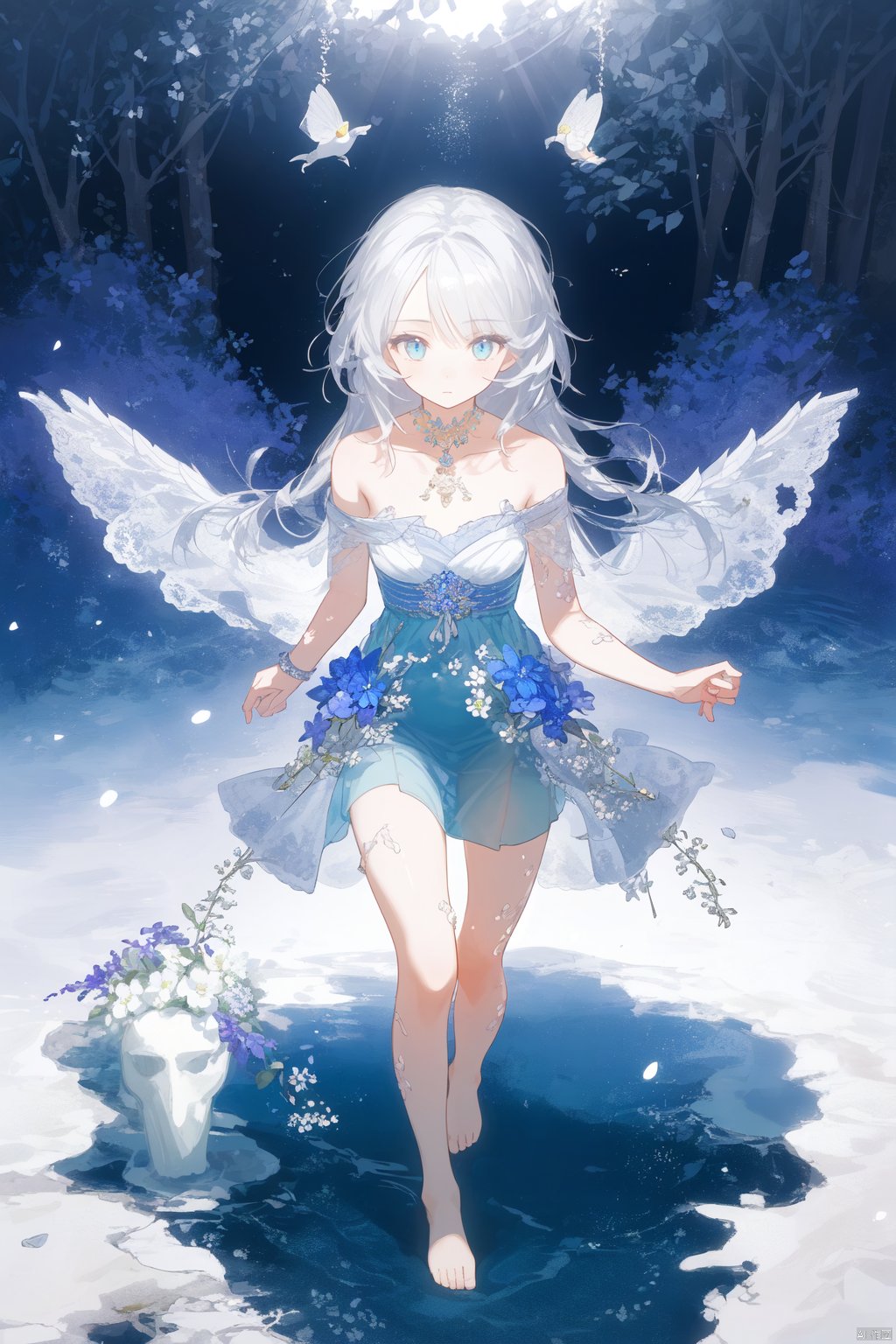  extremely delicate and beautiful,(fantasy),ultra detailed,(extreme detailed illustration),highres,translucent hair, (glowing inner hair),the perfect appearance,(Elk horn on head:1.15),white hair,[blue eyes | yellow eyes],(barefoot sandals:1.25),(forest:1.2),(lace-trimmed dress:1.15),(chiaroscuro lighting:1.2),see-through clothes,(profile:0.85),(looking at viewer:1.25),(flower bracelet),elf,short hair,(mature woman),walking,from above, (fairy wings:1.1), 1girl, xinniang,msn,backlight