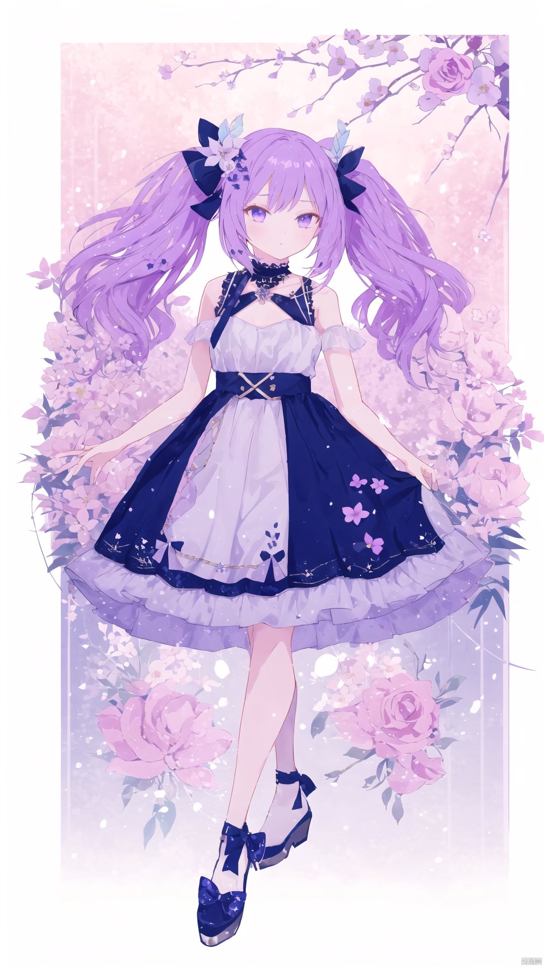  1girl, solo, long hair, looking at viewer, bangs, skirt, dress, animal ears, bare shoulders, twintails, jewelry, very long hair, blue hair, standing, full body, purple hair, flower, pantyhose, multicolored hair, necklace, hair bun, high heels, strapless, double bun, gradient hair, rose, tiara, pink dress, pink flower, pink skirt, white pantyhose, green background, pink rose