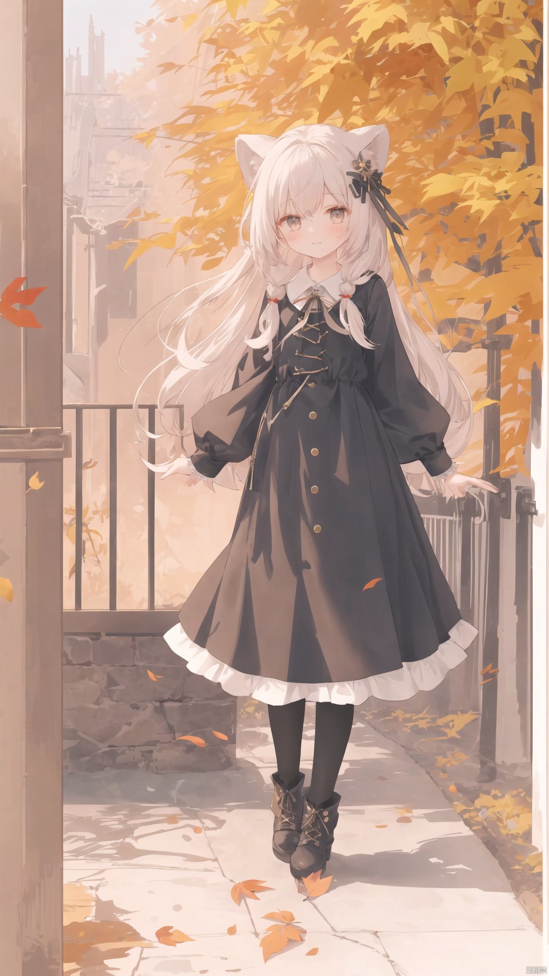  1girl, acorn, anger_vein, animal_ears, autumn, autumn_leaves, bangs, black_legwear, black_skirt, blush, boots, brown_eyes, brown_skirt, capelet, day, eyebrows_visible_through_hair, falling_leaves, forest, frilled_skirt, frills, ginkgo_leaf, hair_ornament, hair_ribbon, holding_leaf, hood, hood_down, hooded_capelet, kneehighs, leaf, leaf_background, leaf_hair_ornament, leaf_on_head, leaf_print, little_red_riding_hood_\(grimm\), long_sleeves, looking_at_viewer, maple_leaf, nature, outdoors, pleated_skirt, red_capelet, ribbon, shirt, shoes, skirt, solo, spoken_anger_vein, squirrel, standing, tail, thighhighs, tree, white_shirt, wolf_ears, wolf_girl, wolf_tail
