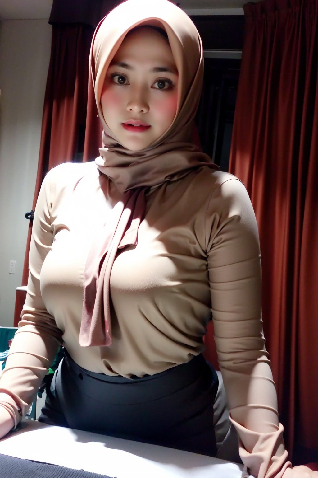 1 girl, solo, medium_breasts, innocent looks, enjoying, looking at viewer,

Silk hijab, Top Only, silk, thin, translucent ,see-through, In0r ,In0r 