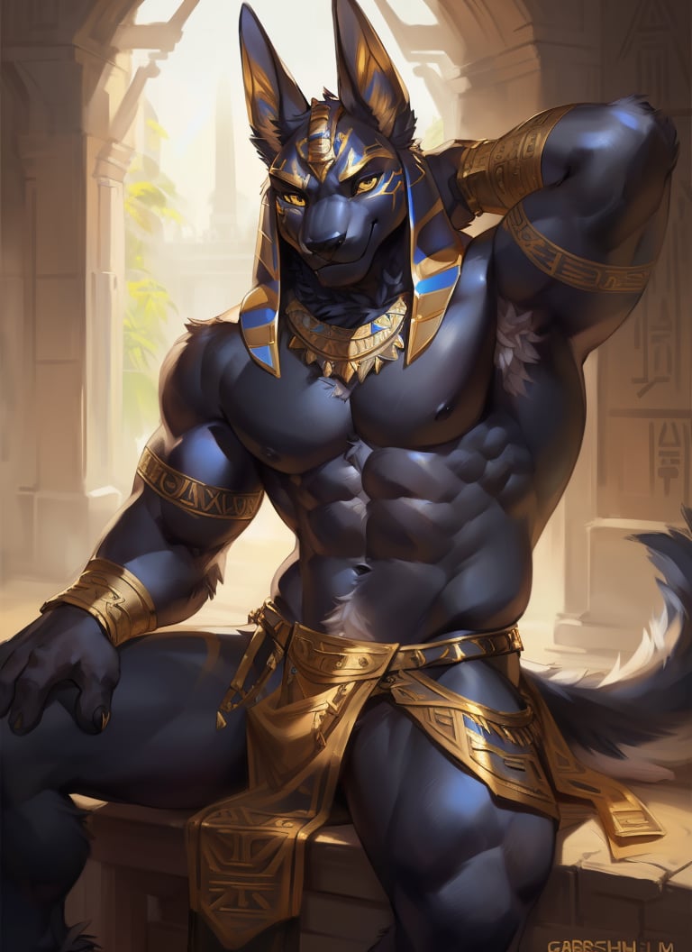 ((realistic)), upload on e621, by Garmash,Ruan Jia, darkgem, anthro, male, ((( detailed fluffy fur))), ((sitting)), detailed realistic painting, (((biceped))), (((shaded))) extreme detail, ((anubis)), loincloth