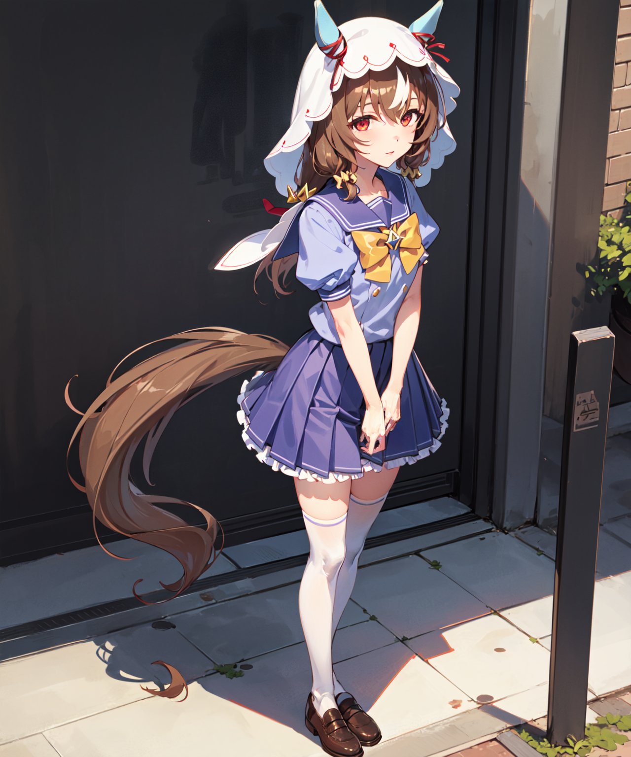 1girl, solo, looking at viewer, (red eyes), bare shoulders, small breasts, horse ears, horse tail, bangs, eyebrows visible through hair, long brown hair, streaked hair, hair between eyes, hair scrunchie, <lora:StillinLove---stfrom009:0.75>, outdoors, standing, tracen_unifrom, purple shirt, sailor shirt, pleated skirt, puffy sleeves, sailor collar, white thighhighs, (puffy short sleeves), (brown shoes), white_stockings, veil, <lora:GoodHands-beta2:1>, 