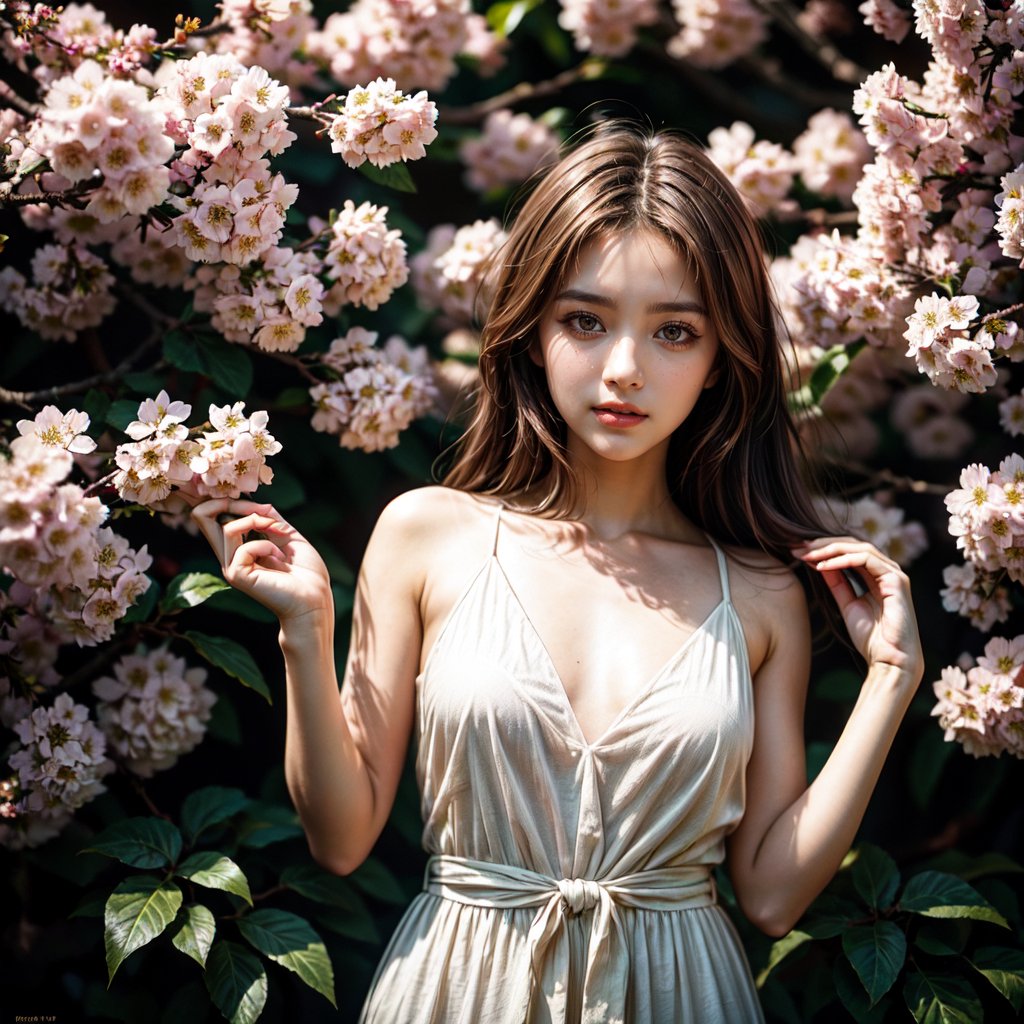 Hasselblad Style, Hasselblad Lens Style, Film Grain, Film Style, ultra-realistic portrait of a gorgeous young girl standing in front of a flowering tree, petals, natural skin, beautiful face, playful body, playful face, cherry blossom sunny background, natural skin, nature goddess, 