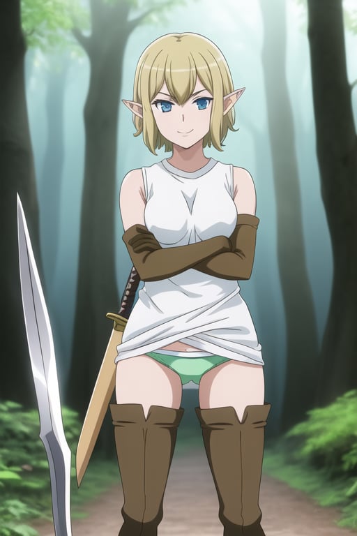 ((masterpiece)), high quality, 1girl, solo ,short hair, blue eyes, blonde hair, ((white shirt)), sleeveless, green panties ,thigh highs, brown gloves, weapon, wooden sword,brown boots, pointy ears, brown elbow gloves, slim, small breasts, smile, thigh boots, crossed arms, forest