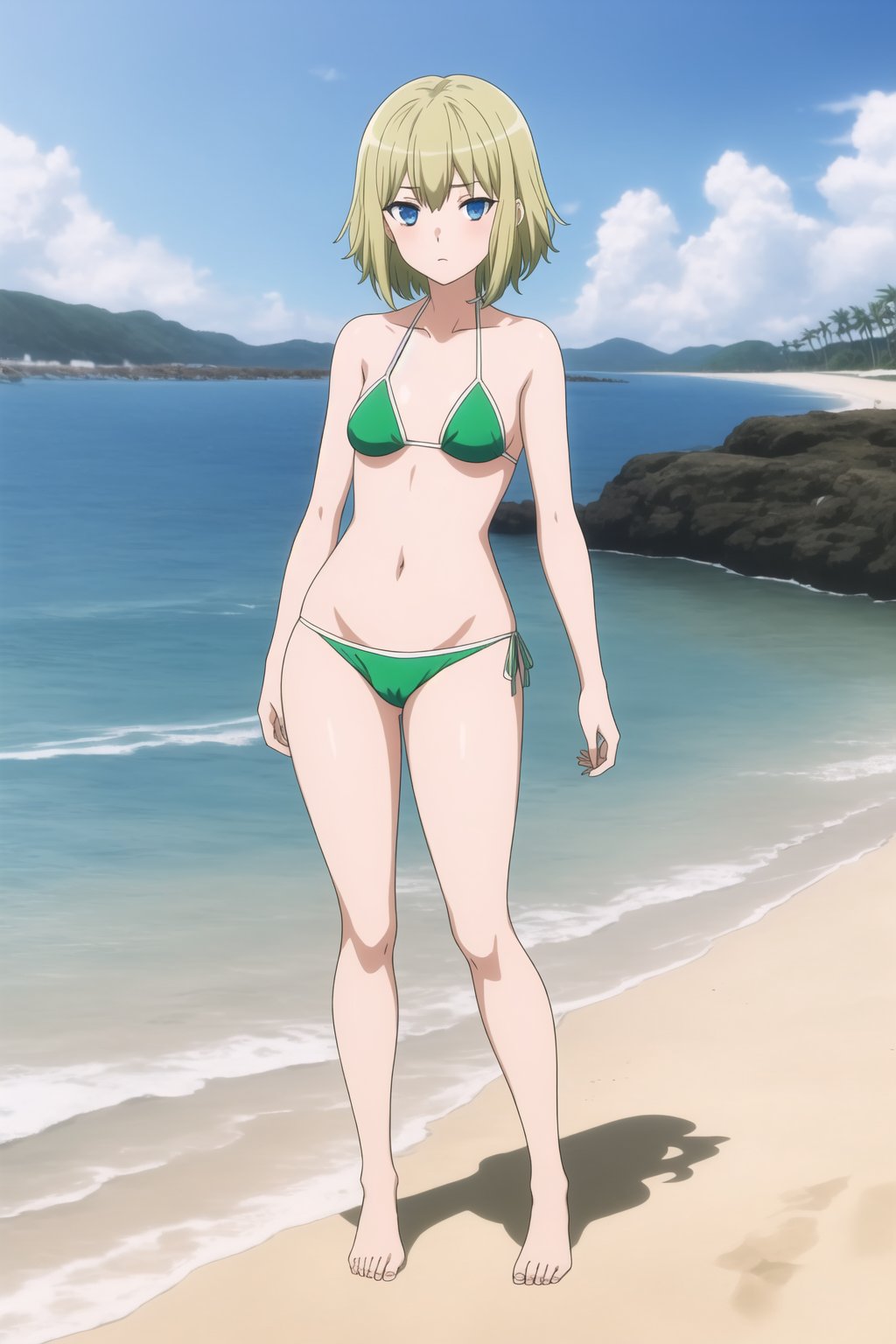 ((masterpiece)), high quality, 1girl, solo ((ryu)),short hair, blue eyes, blonde hair, green bikini, green hair, slim, small breasts, beach ,palms, full body