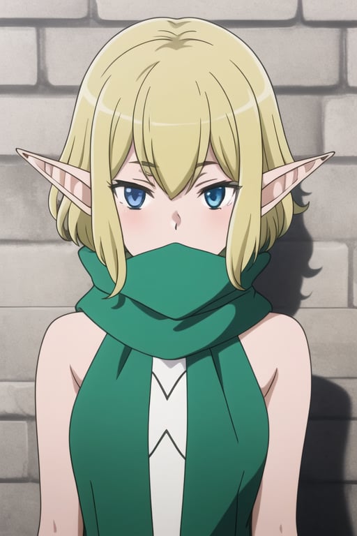 1girl

solo

looking at viewer

short hair

blue eyes

blonde hair

bare shoulders

upper body

sleeveless

pointy ears

scarf

mask

elf

mouth mask

brick wall

