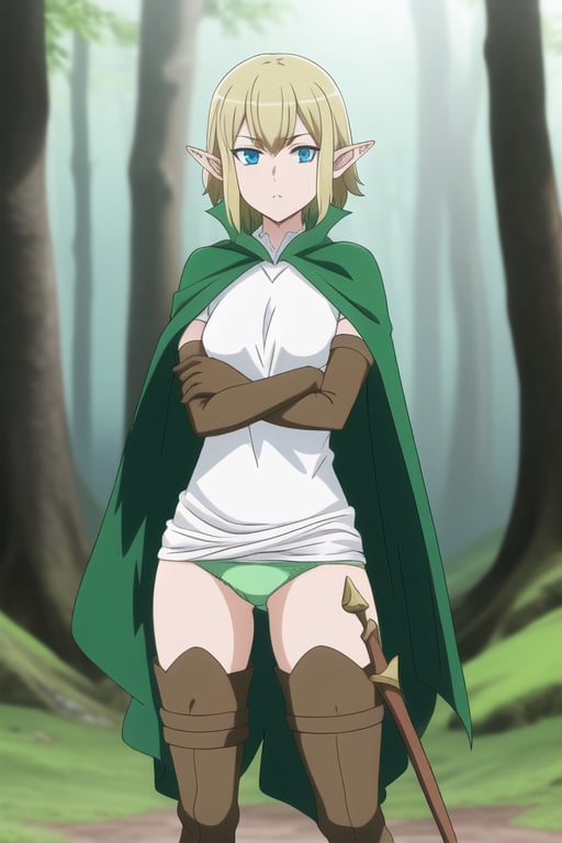 ((masterpiece)), high quality, 1girl, solo ,short hair, blue eyes, blonde hair, ((white shirt)), sleeveless, green panties ,thigh highs, brown gloves, weapon, wooden sword,brown boots, pointy ears, brown elbow gloves, slim, small breasts, green cape, thigh boots, crossed arms, forest