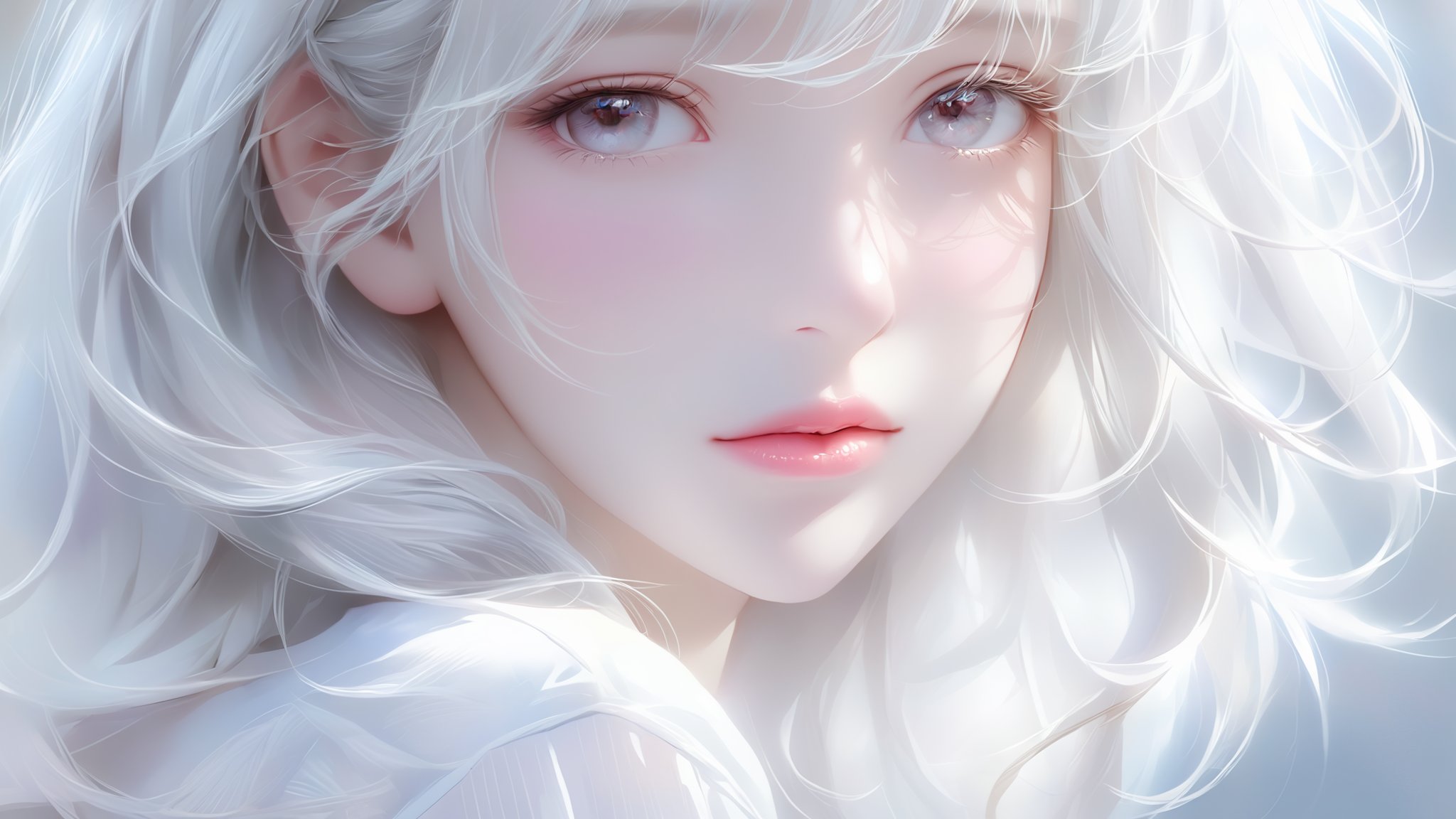 1girl, lips, realistic, solo,Silver white hair, white shirt, slightly rosy face,Beautiful and delicate eyes,eye