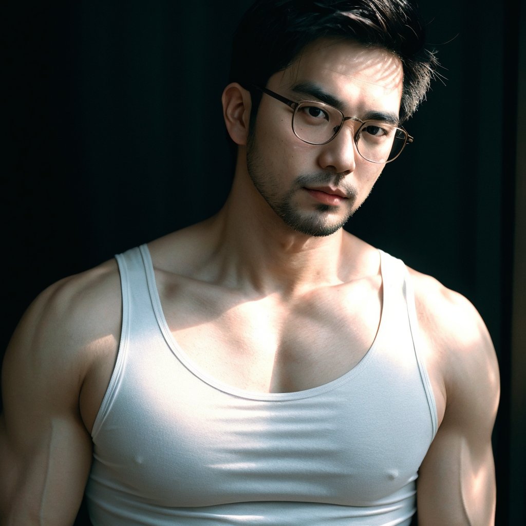 Asian man,glasses , handsome , stubble, male focus, cinematic lighting, film photography,Muscle, white tank top, portrait 