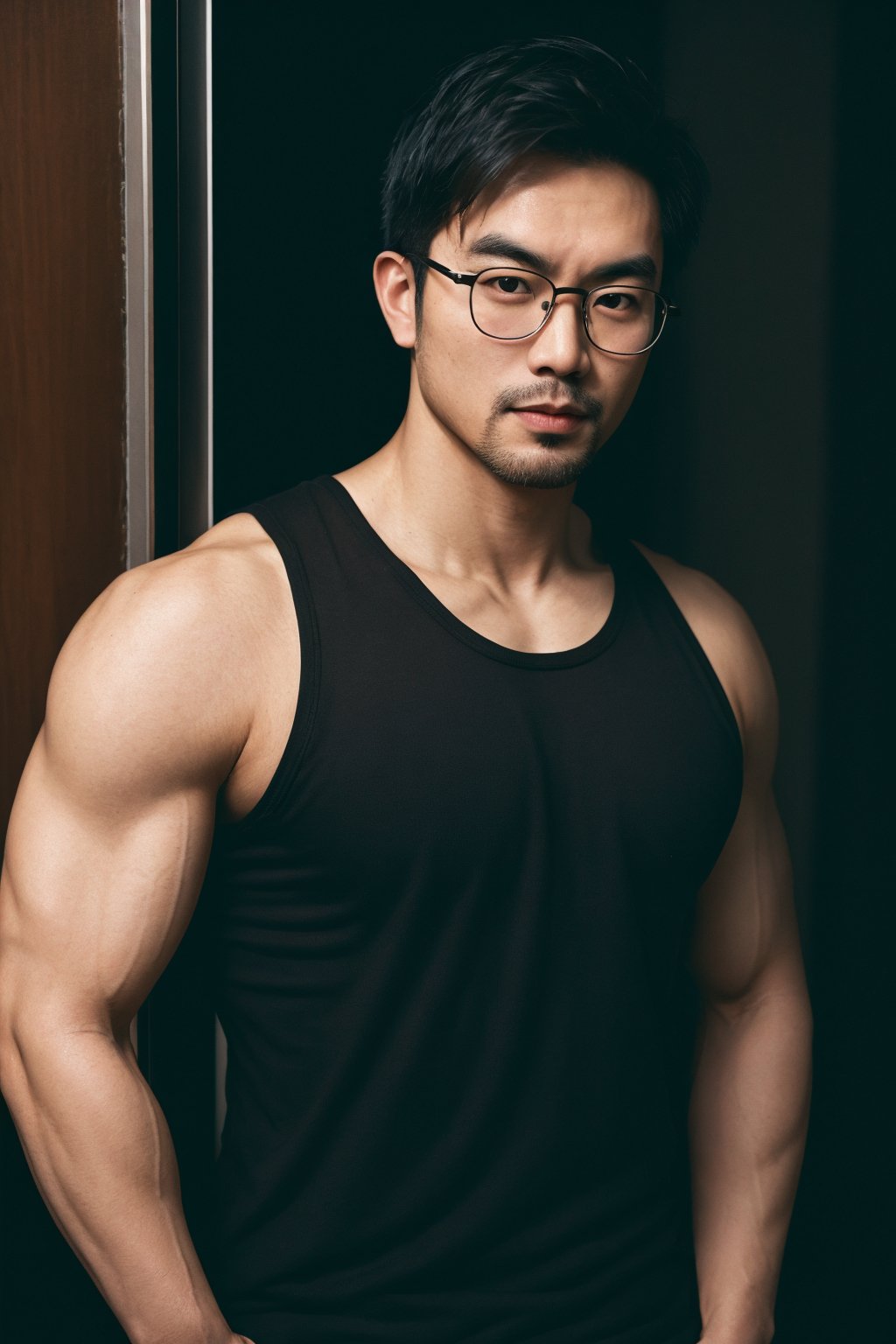 Asian man,glasses , handsome , stubble, male focus, cinematic lighting, film photography,Muscle, tank top