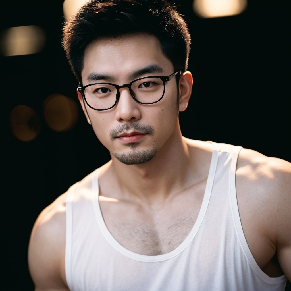 Asian man,glasses , handsome , stubble, male focus, cinematic lighting, film photography,Muscle, white tank top, portrait , headshot