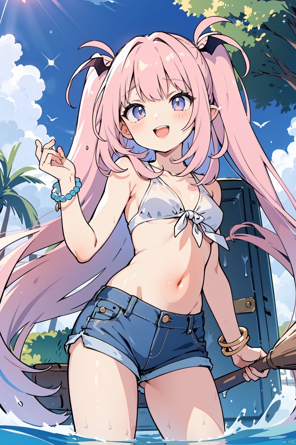 sakyumama, 1girl, solo, side-tie peek, smile, stomach, navel, shirt, looking at viewer, denim, bare shoulders, front-tie top, open mouth, shorts, hose, bracelet, denim shorts, short shorts, white shirt, beads, :d, day, cowboy shot, crop top, bead bracelet, sleeveless shirt, swimsuit, midriff, outdoors, standing, sleeveless, bikini, holding, blue shorts, side-tie bikini bottom, bare arms, mop, bikini under clothes, sunlight, water, broom, jewelry, cutoffs, front-tie bikini top, slit pupils, micro shorts, cloud