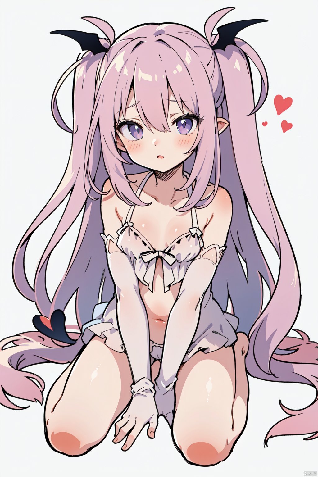 sakyumama, 1girl, solo, gloves, elbow gloves, babydoll, navel, sitting, underwear, white gloves, looking at viewer, wariza, panties, white background, simple background, barefoot, bare shoulders, bare legs, blush, parted lips, white panties, heart, hair between eyes, lingerie, collarbone, head wings,succubus tail