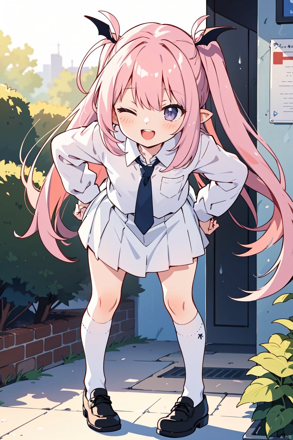 sakyumama, 1girl, solo, white skirt, one eye closed, skirt, socks, white socks, white necktie, hands on hips, smile, school uniform, full body, necktie, shirt, kneehighs, open mouth, long sleeves, shoes, ;d, black footwear, looking at viewer