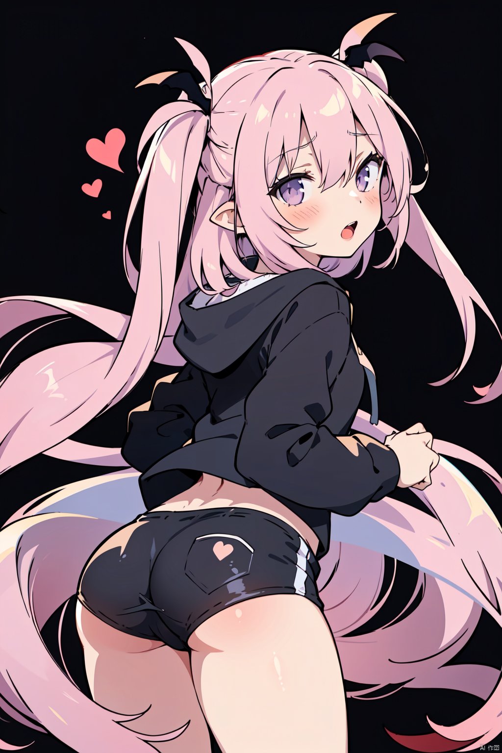 sakyumama, 1girl, solo, hood, looking back, white background, simple background, hoodie, looking at viewer, hood down, open mouth, v, long sleeves, from behind, hair between eyes, ass, heart, hand up, cropped legs, black hoodie, cowboy shot, blush, sleeves past wrists,succubus tail