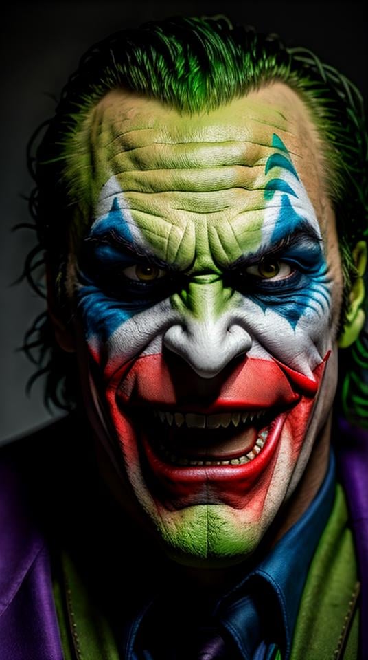 photo portrait of (Joker as Hulk)), (angry:1.4), , diffuse lighting, natural soft colors, hyper-realistic, film grain, highly detailed