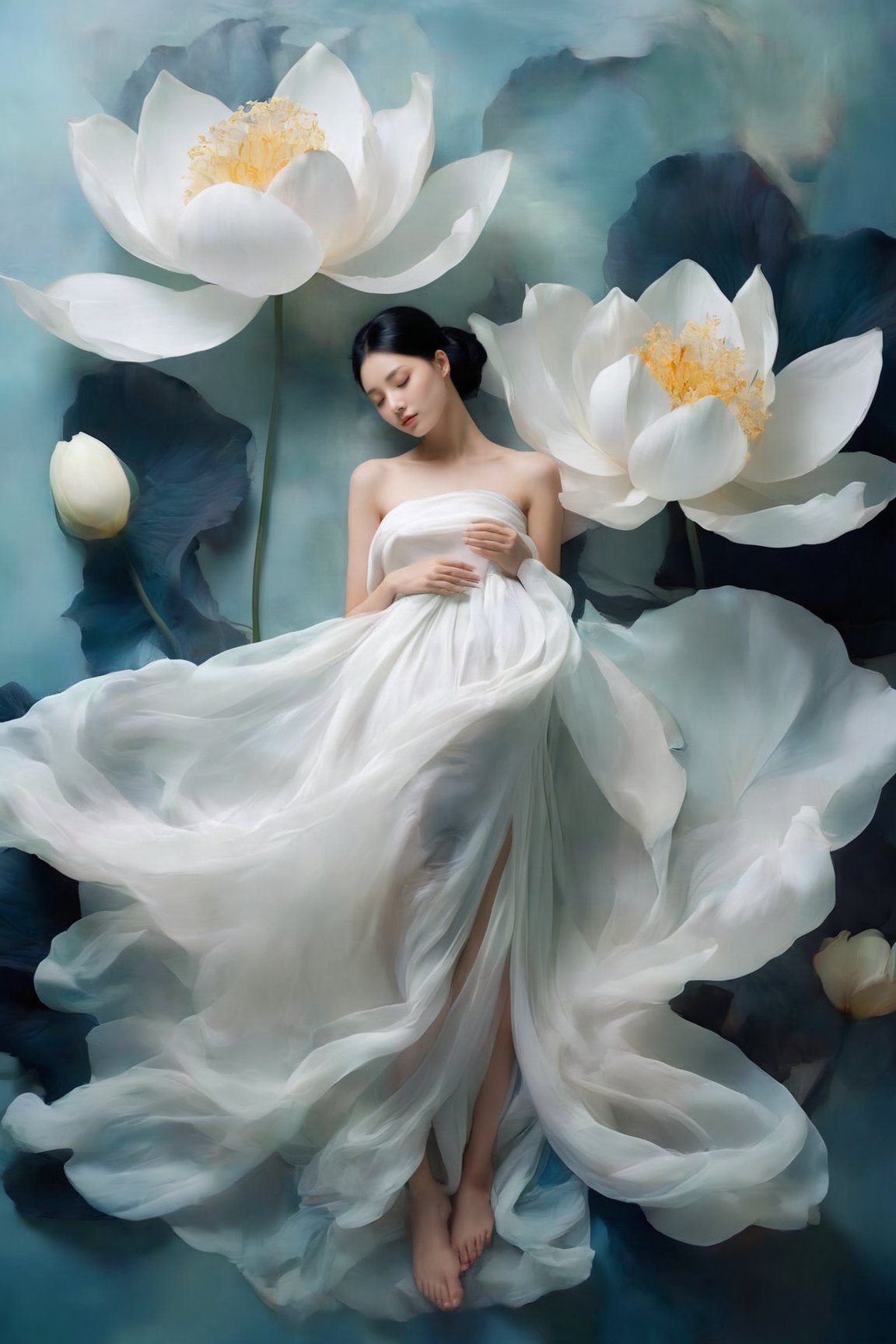 1girl, solo, black hair, bare shoulders, full body, closed eyes, flower, sleeveless, white dress, silk, floating dress