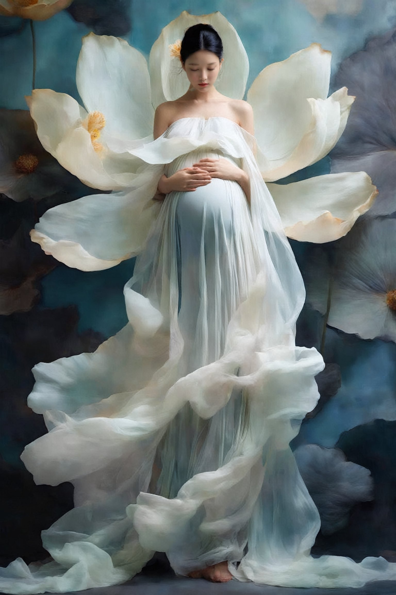 1girl, solo, black hair, bare shoulders, full body, closed eyes, flower, sleeveless, white dress, silk, floating dress, ((pregnant))