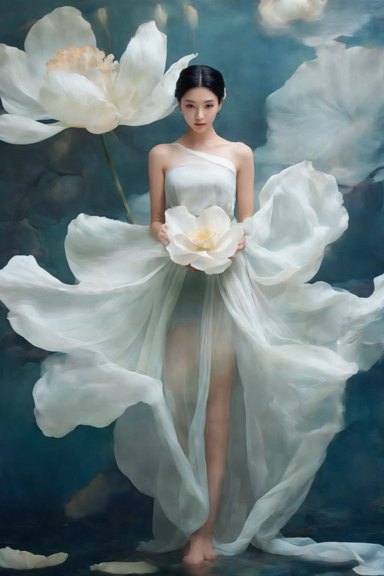 1girl, solo, black hair, bare shoulders, full body, flower, sleeveless, white dress, silk, floating dress, looking at viewer, 