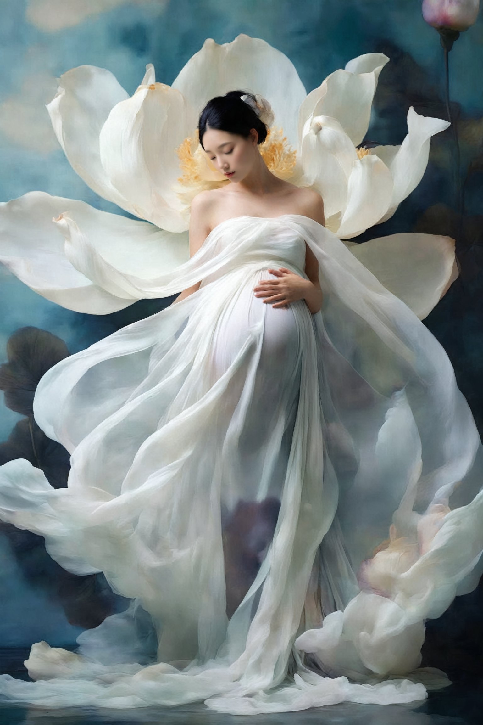 1girl, solo, black hair, bare shoulders, full body, closed eyes, flower, sleeveless, white dress, silk, floating dress, ((pregnant))